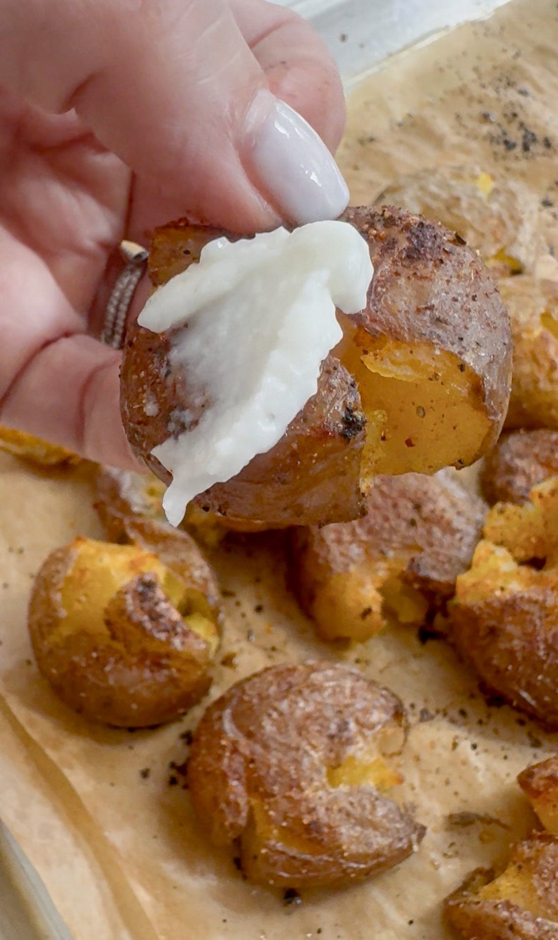 Crispy Smashed Batata Harra with Garlic Toum