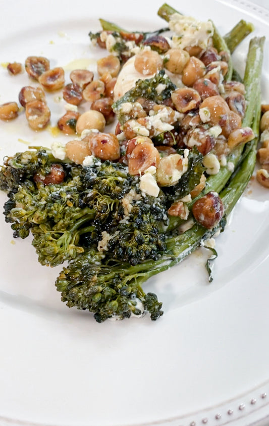 Roasted Broccolini with Burrata and Hazelnuts